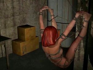 Une rouquine attachée et en 3D se fait baiser fort. Une rousse sexy