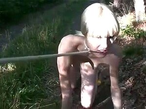 Salope blonde attachée humiliée dans la forêt. Salope blonde marche